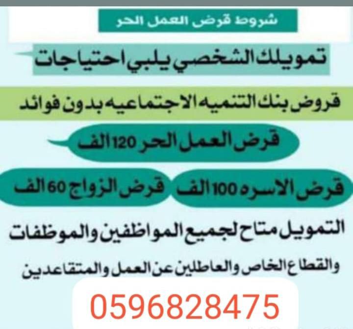 يتوفر تقديم قروض بنك التسليف من 20الاف ريال يصل الي 120الاف ريال التواصل : 0596828475